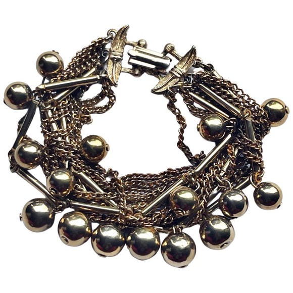 unmarked Jewelry - Vintage 1970's Gold Tone Multi Strand Bracelet With Round Gold Balls Accent